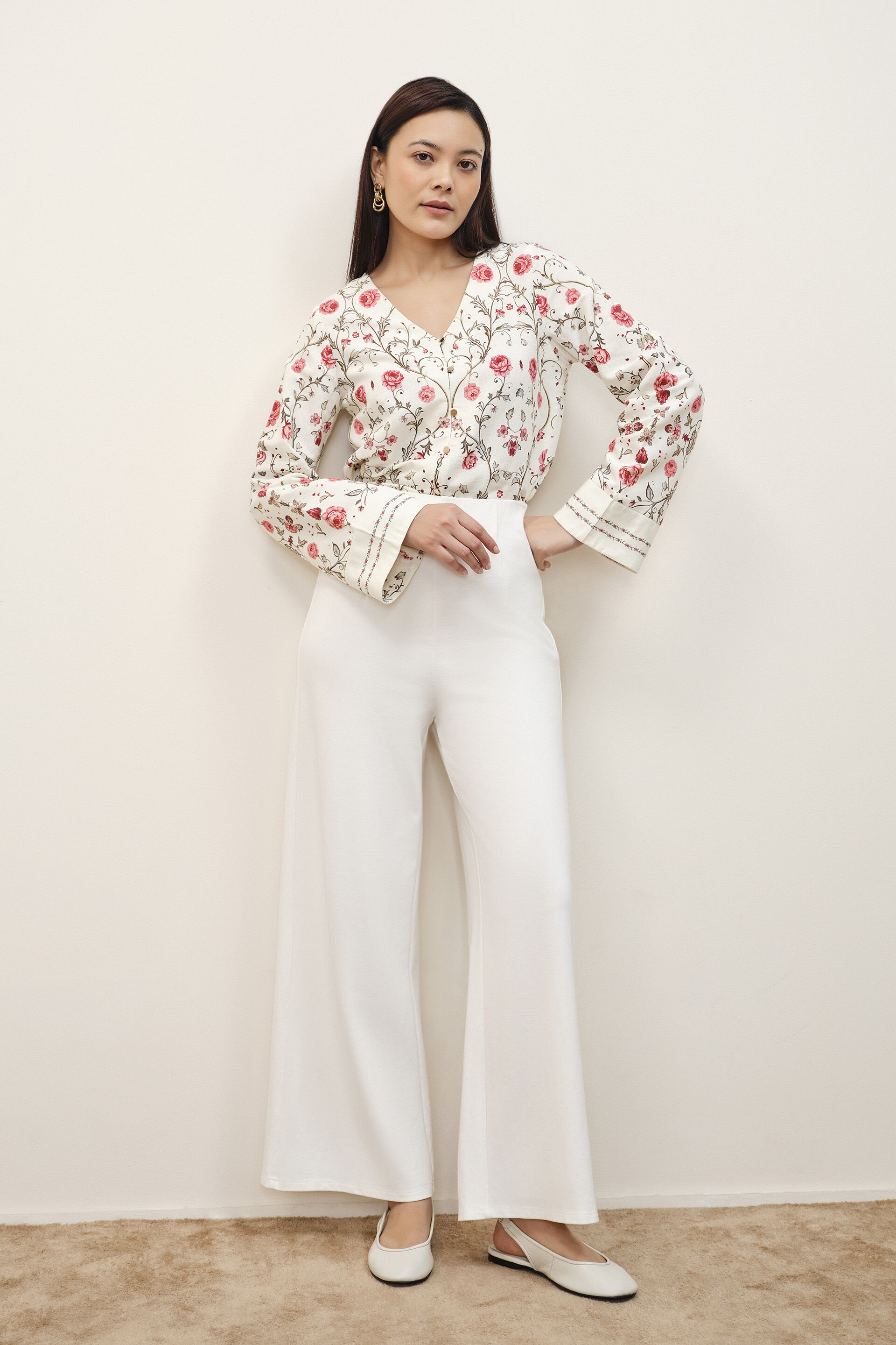 Cream Floral Printed Top, White, image 4